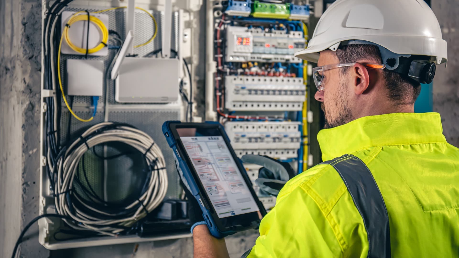 Ein Mann, ein Elektrotechniker, der in einer Schalttafel mit Sicherungen arbeitet, benutzt ein Tablet.